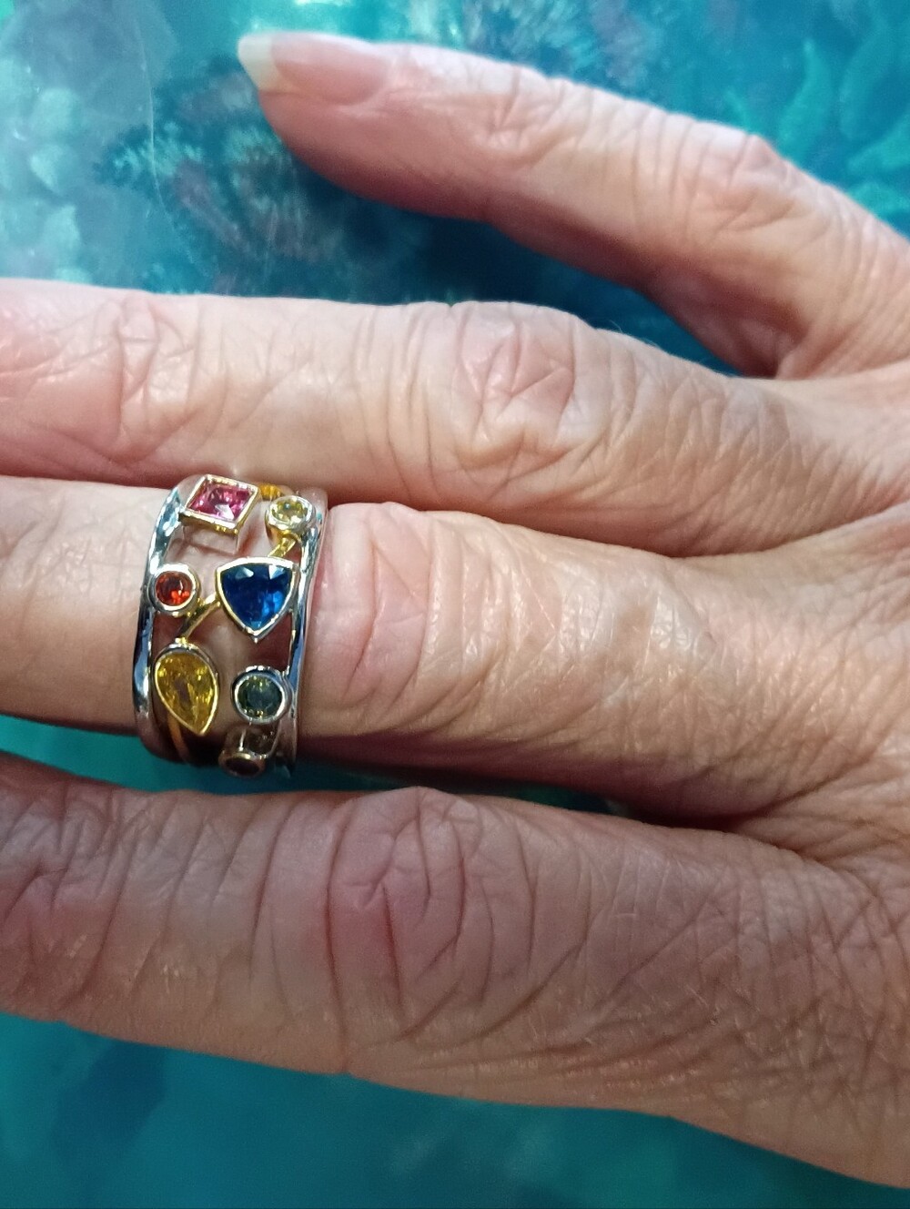Size 7 S925 Multi-Gemstone Sterling Silver Band Ring - Colorful Gem Accents